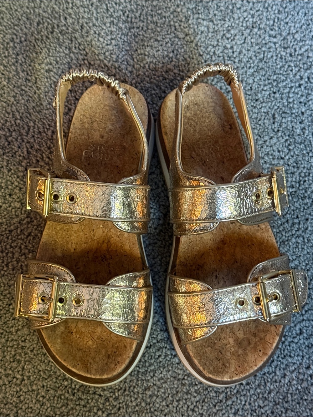 Vince Camuto Shimmery Gold Cork Insole 2 Buckle Strap Wedge Sandals. Size 6.5